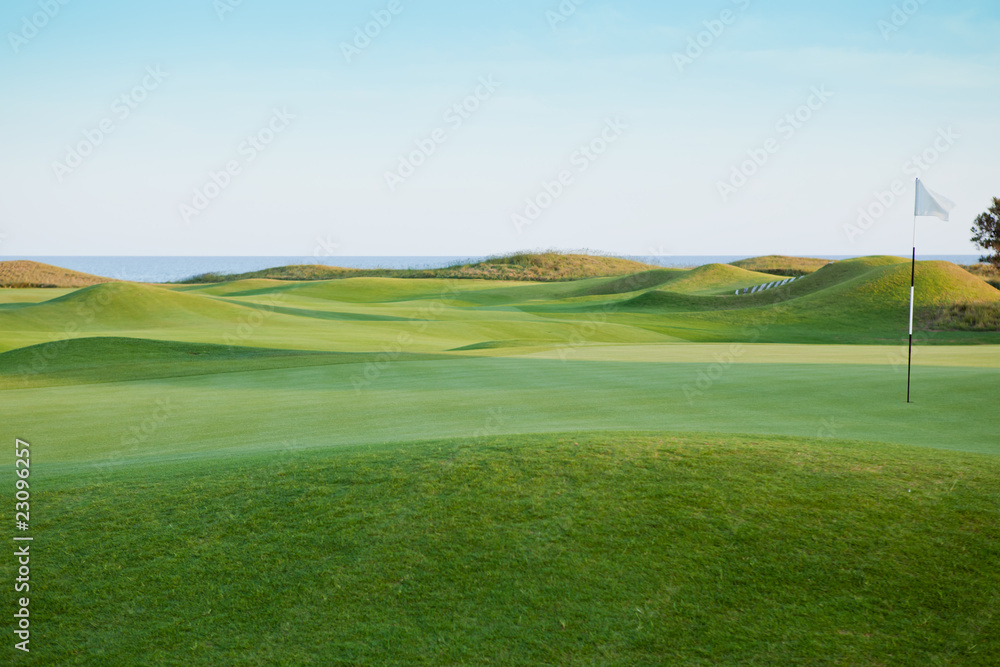 A putting green with a white flag, rolling mounds of fairway beyond, and water on the horizon