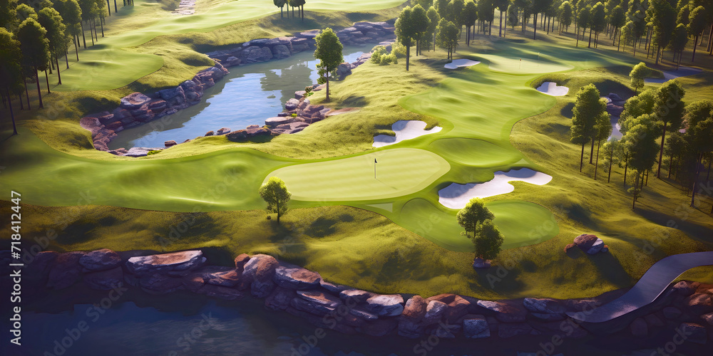 Aerial view of the eighteenth hole green, bunkers and a pond with a rock wall in evening light